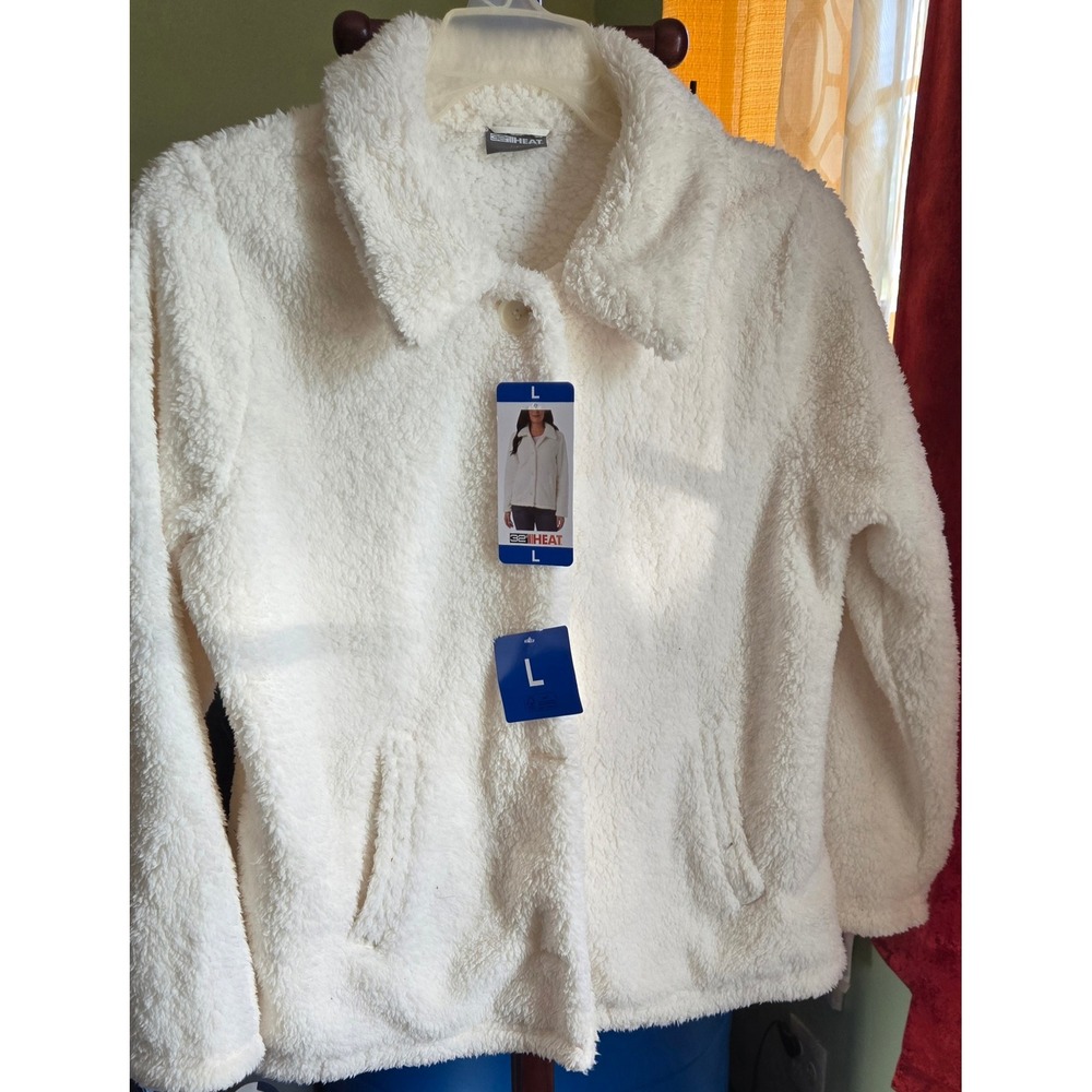 32 Degrees Heat Women White Faux Fur Sherpa Button Front Jacket Large NWT